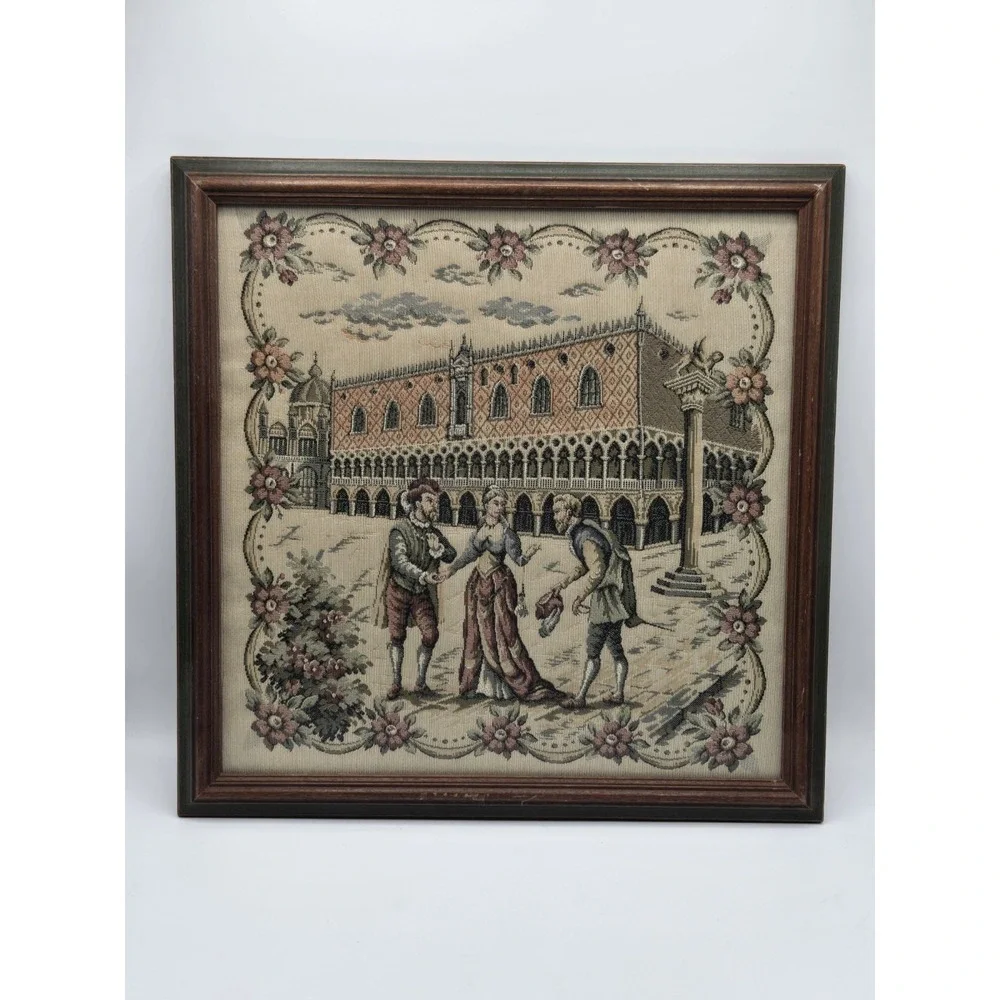 Italian Framed Tapestry Wall Hanging Venice Doge's‎ Palace Scene Floral Border